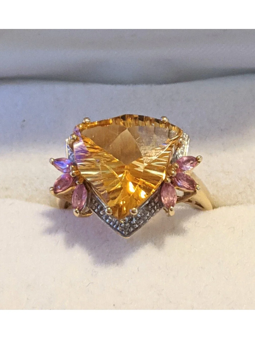 VTG Trillion Cut Citrine And Pink Tourmaline Fancy 10K Gold Cocktail Ring Size 8